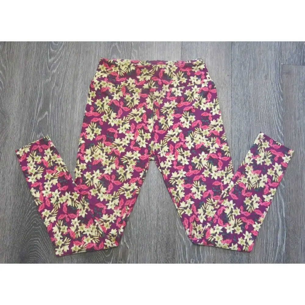 LULAROE Leggings One Size Women Floral Pink Multicolor Athleisure Casual Comfort